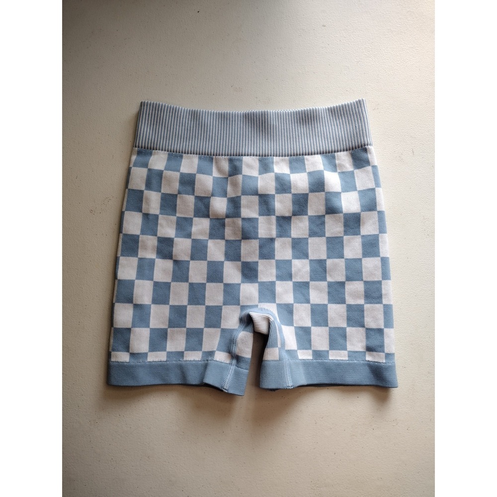 Kimberly C Blue White Checkered Biker Shorts High Waist Ribbed Knit Small‎